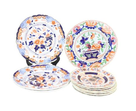 Three different patterns in blue &amp; orange, ceramic. Singular plate size: 9 1/2 in. diameter Set of (3) size: 8 3/4 in. di