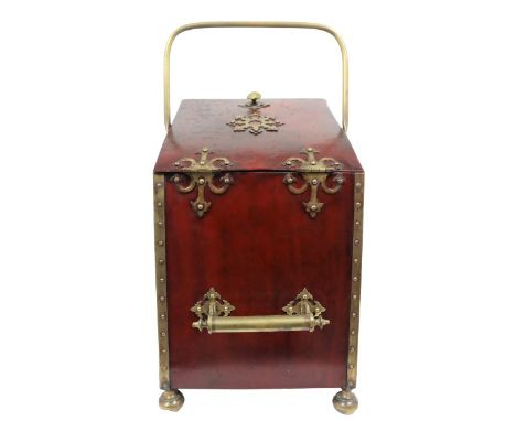 Large tin tea caddy, gilt brass detailing, commensurate with age. Size: 12 x 12 x 19 in.