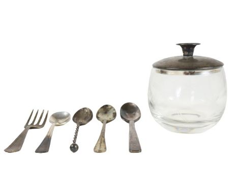 Three spoons, a fork, and lidded jar. Weight: 1.875 ozt Size bowl: 3 x 3 x 3 in. Size spoons: approx 4 1/4 in long.
