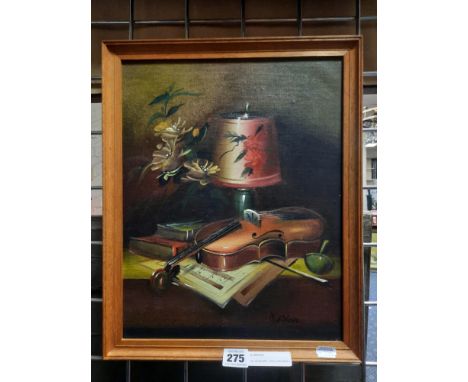 OIL ON BOARD - STILL LIFE WITH VIOLIN - SIGNED R WILSON