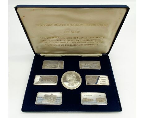 THE FIRST UK REFERENDUM 1975 STERLING SILVER MEDAL AND INGOTS SET EACH INGOT - 31.9 GRAMSMEDAL - 49 GRAMSTOTAL WEIGHT: 240 GR