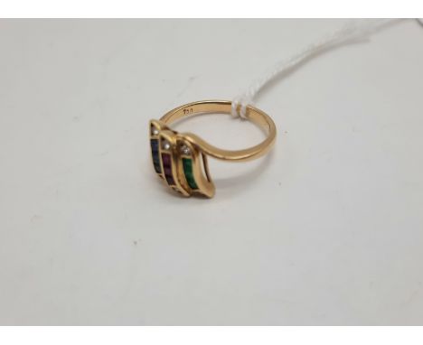 18CT GOLD DIAMOND RUBY &amp; EMERALD RING SIZE O