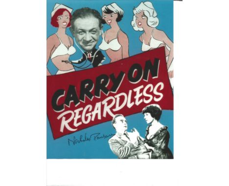 Nicholas Parsons-10x8 signed carry on regardless colour poster photograph. Good Condition. All signed pieces come with a Cert