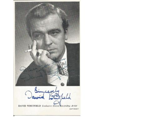 David Whitfield signed Decca Records promo 6 x 4 b/w photo and biography. Good Condition. All signed pieces come with a Certi