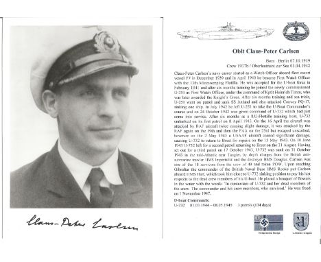 WW2 Uboat ace Oblt Claus-Peter Carlsen signed 8x6 black and white portrait photo. Good Condition. We combine postage on multi