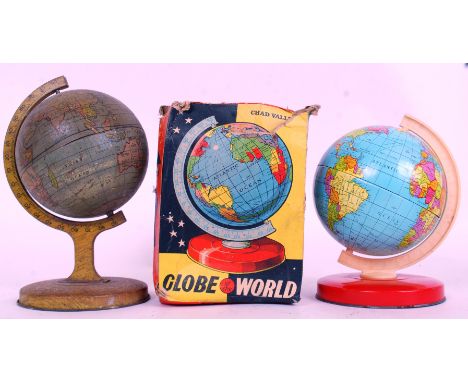 GLOBES: Two vintage tinplate children's globes. The first a Chad Valley ' Globe Of The World ' within the original box (tatty