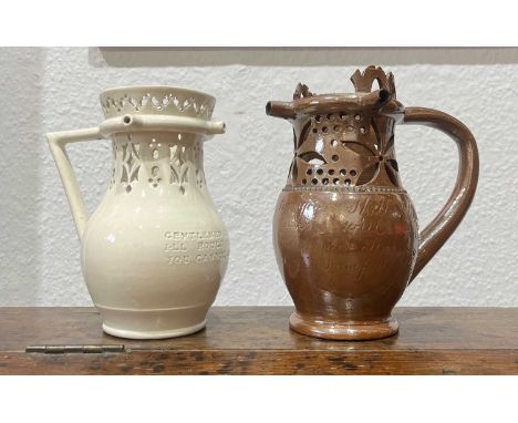 Leeds Pottery puzzle jug with cream glaze, 'Leeds Pottery' inscribed to the base, the main body bearing the inscription 'Gent