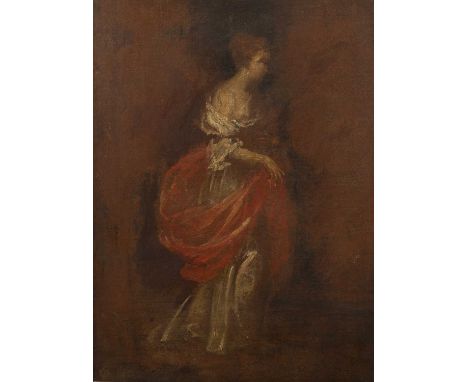 19th Century English School Untitled: Full-length portrait of a lady with a red shawl, oil on canvas, unsigned, 40.5cm x 30cm