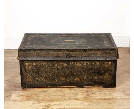 Studded leather and camphorwood trunk 19th Century, with painted decoration and plaque to the lid which reads 'In memorium HR
