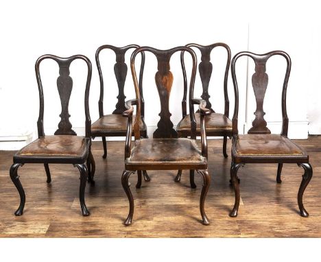 Set of five Queen Anne style dining chairs Mahogany, with studded leather seat cushions, on cabriole legs, 108cm high overall