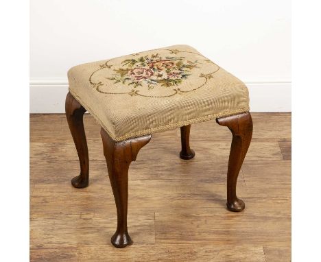 Walnut framed stool 19th Century, with overstuffed tapestry seat, on cabriole legs terminating in pad feet, 51cm wide x 48.5c