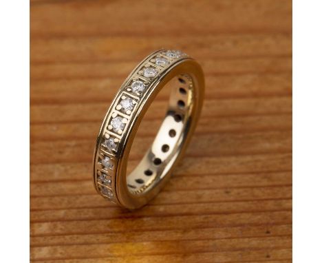 9ct gold full hoop ring with channel set diamonds, stamped 9ct, size K, 5g approx overall  At present, there is no condition 