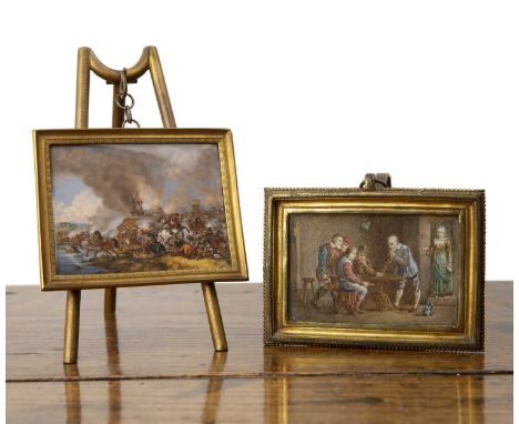 After Philips Wouverman (1619-1668) 'Cavalry battle in front of a burning mill', portrait miniature on ivory, in gilt frame, 