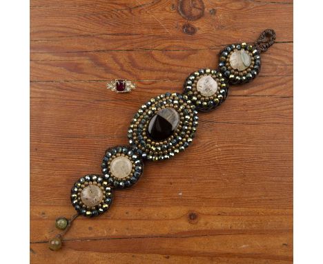 Selection of jewellery comprising: a woven hairwork panel bracelet with agate and beads applied to the top, 18cm overall and 