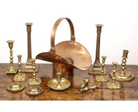 Collection of brassware to include a pair of 18th Century William Harrison candlesticks, Birmingham, in the form of Ionic col