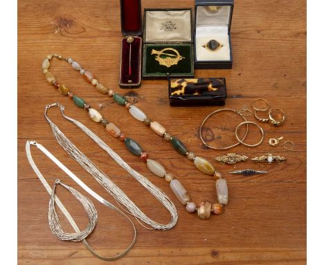 Collection of jewellery and miscellaneous items including: a cased set silver and mother of pearl handles fish knives and for