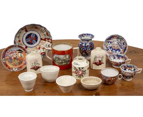 Quantity of ceramics to include a Newhall tea cup and saucer, circa 1800, with bright polychrome decoration of various figure