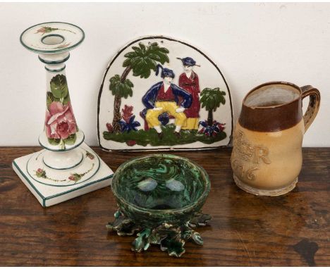 Group of ceramicsto include a Scottish pottery Portabello wall plaque, circa 1830-40 relief moulded with a chinoiserie figure