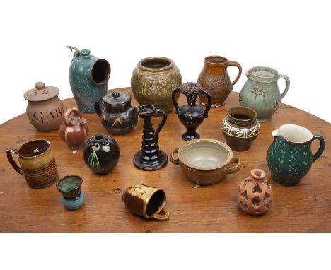 Group of pieces including a Robert Sinclair Thomson ARSA RSW miniature slipware vase, with a blue and brown glaze, decorated 