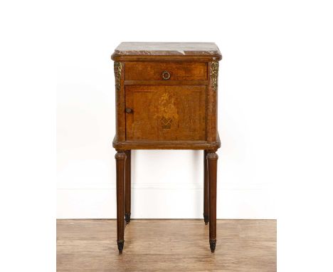 French burr walnut commode or side table with marble inset top and single drawer above a marble-lined cupboard, with ormolu m