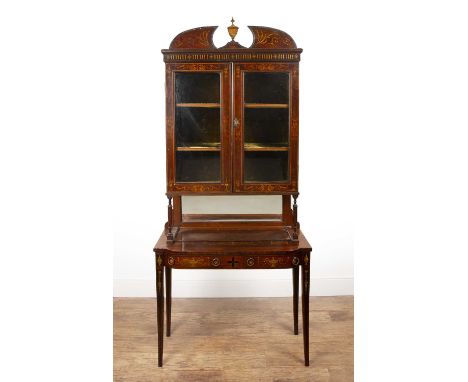 Satinwood painted cabinet on stand19th Century, broken arch pediment top, above glazed doors, mirrored middle section and fau