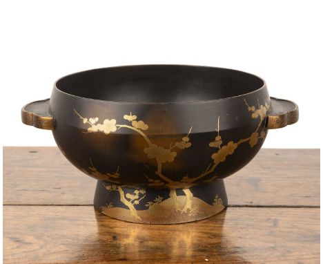 Japanese black lacquer basin 20th Century, with twin handles, decorated with cherry blossom, unsigned, 33cm wide x 16cm high 