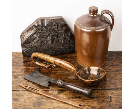 Collection of items comprising: a copper printing block of a ship, 25cm wide x 18cm high, a stoneware flagon, 25cm high, a tr