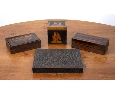Collection of four boxesIncluding a straw-work and inlaid tea caddy, decorated with various figures, 11.5cm wide x 12.5cm hig