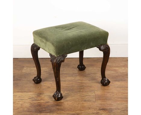 Mahogany carved dressing stoolwith an upholstered seat and on ball and claw feet, 57cm x 43cm x 51cm high  Some small losses 