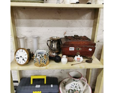 SHELF LOT, VICTORIAN CLOCK MOVEMENT, JEWELLERY BOX ETC