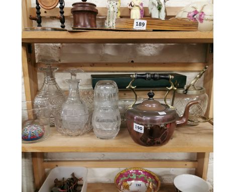 SHELF LOT OF OLD GLASSWARE, COPPER KETTLE ETC