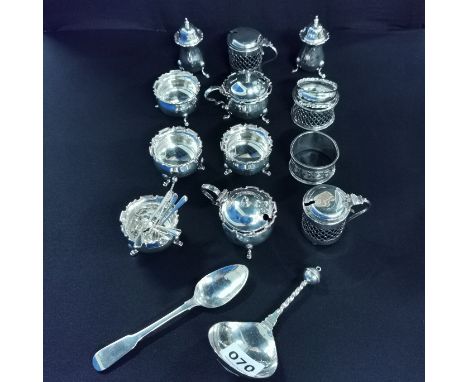 COLLECTION OF SILVER TO INCLUDE SALTS, PRESERVE POTS AND SPOONS, NAPKIN RINGS, SMALL LADLE ETC