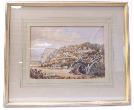A 19th century watercolour study depicting a continental (possibly Africa?) campsite with a procession of male figures pullin