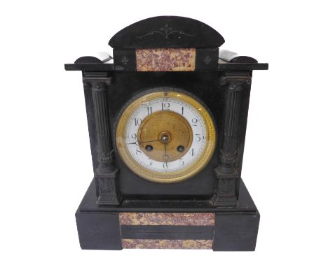 A late 19th century black-slate and marble eight-day mantle clock –&nbsp;white enamel chapter ring with Arabic numerals, the 