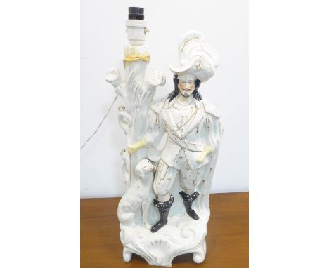 A large 19th century Staffordshire flatback figure (now as a lamp); a grand figure with feather hat and attendant hound (45cm