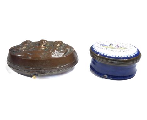 A 19th century enamel patch box with interior mirror, together with an oval snuff box with hinged lid and mark to base of Bre