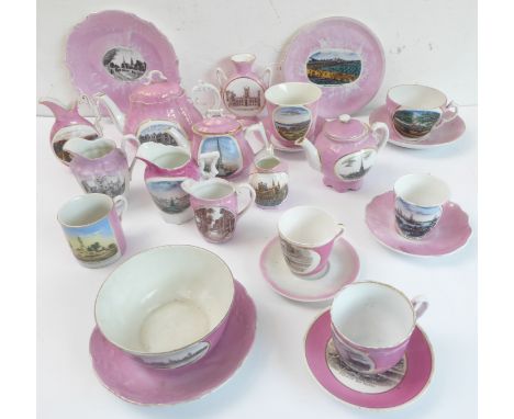 A selection of mostly late 19th century pink-glazed German porcelain commemorative ware to include teapots, vases, bowls, cup