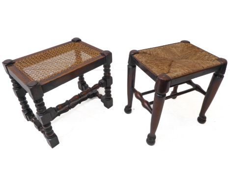 A late 17th century style (probably early 20th century) oak stool with rattan caned top; turned and block legs united by high