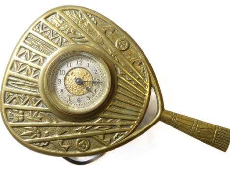 An unusual 19th century cast-brass-cased mantle clock with a rear easel rest –the silvered dial with Arabic numerals and the 