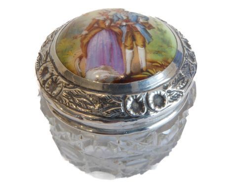 A small silver and enamel cut-glass trinket jar (4.3cm diameter)