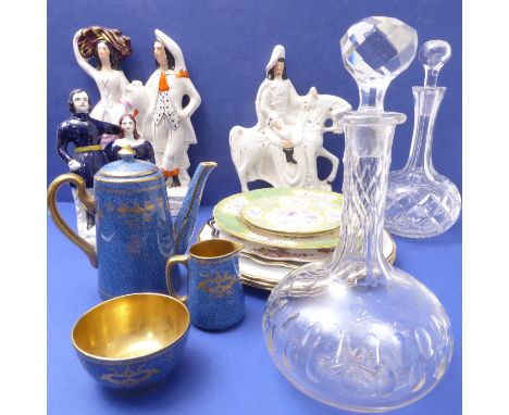 An assortment of ceramics and glassware to include three 19th century Staffordshire flatback figures, three Spode cabinet pla