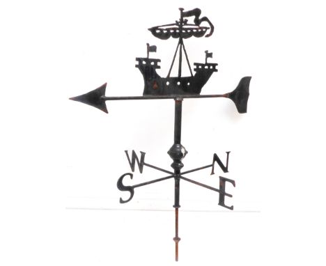 A weathered wrought-iron weather vane surmounted with a Spanish-style galleon (full height including mounting 97cm x 82cm ful