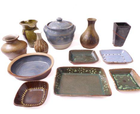 Various studio pottery to include 6 rectangular dishes, a two-handled blue-glazed lidded Winchcombe Pottery jar and cover (19