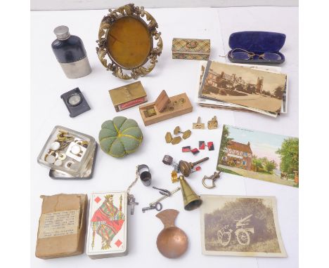 Various collectibles to include a small selection of early 20th topographical postcards, an ornate 19th century brass photogr