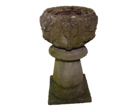 A decorative stoneware planter on stoneware stand (some frost damage), together with a decorative terracotta chimney pot top 