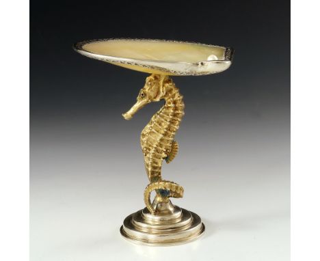 Cal Howard for Garrard and Co., a parcel gilt silver and mother of pearl figural tazza, London 1979, the stem realistically c