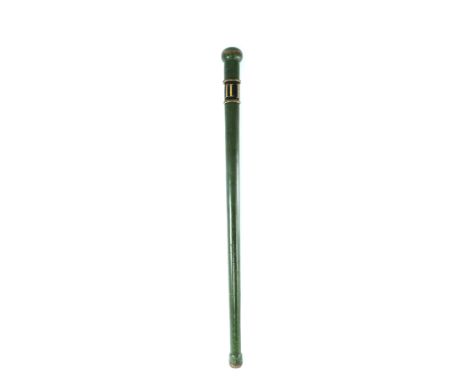 A George III green painted wood tipstaff, with ball finial, marked GIIIR, 80cm high