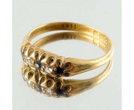 A late Victorian 18ct gold, sapphire and rose-cut diamond ring, five alternating graduated gemstones, hallmarks for Birmingha