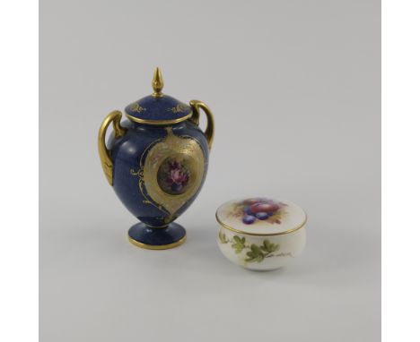 A Royal Worcester fruit painted pot and cover together with a rose painted panel vase, the vase of twin handled urn form, pow