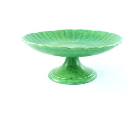 Pilkington, a Royal Lancastrian tazza, 1912, relief moulded fluted dish on splayed pedestal foot, mottled green matt glaze, i